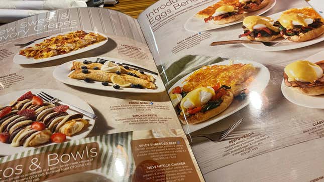 The adult menu options at IHOP were depicted with colorful, appetizing photographs.