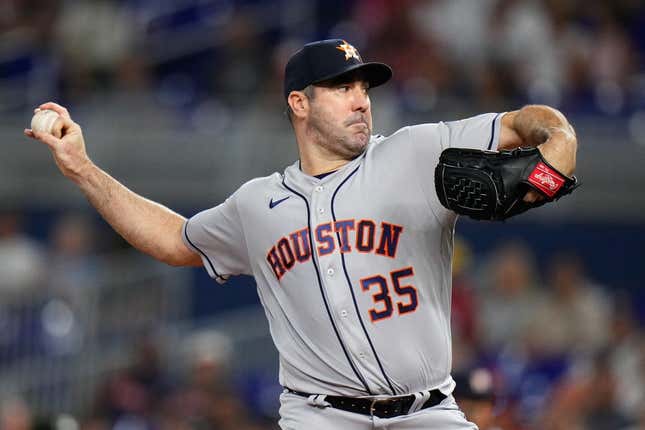 Aug 16, 2023; Miami, Florida, USA; Houston Astros starting pitcher Justin Verlander (35) throws a pitch against the Miami Marlins during the first inning at loanDepot Park.