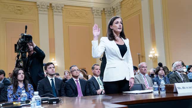 Cassidy Hutchinson, a top aide to Mark Meadows when he was White House chief of staff in the Trump administration, is sworn in as the House Jan. 6 select committee holds a public hearing on Capitol Hill on Tuesday, June 28, 2022. 