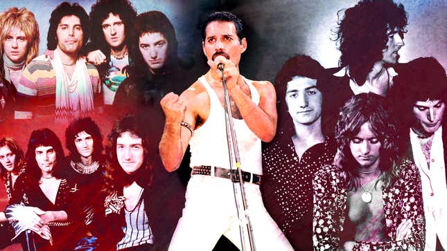 Clockwise from top left: Roger Taylor, Freddie Mercury, Brian May and John Deacon of Queen circa 1978 (Photo: Richard E. Aaron/Redferns); Freddie Mercury performing live on stage at Live Aid in 1985 (Photo: Phil Dent/Redferns); the band promotes their album A Night at the Opera in 1975 (Photo: Michael Ochs Archives/Getty Images); the band poses in London, England in 1973. (Photo: Michael Putland/Getty Images)