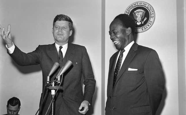 President Kwame Nkrumah of Ghana and president John F. Kennedy at a news conference in the White House on March 8, 1961.