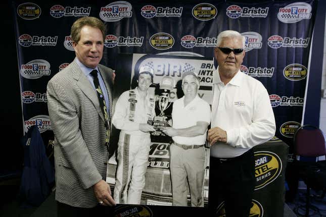 Darrell Waltrip and Junior Johnson recreate an iconic victory lane photo