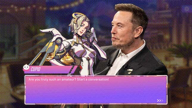 Elon Musk stands next to a dating sim version of Mercy from Overwatch.