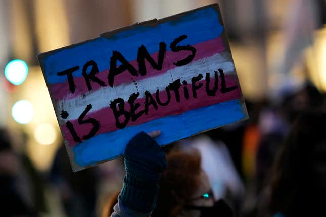 A demonstrators holds up a sign during a march to mark International Transgender Day of Visibility in Lisbon, Thursday, March 31, 2022.