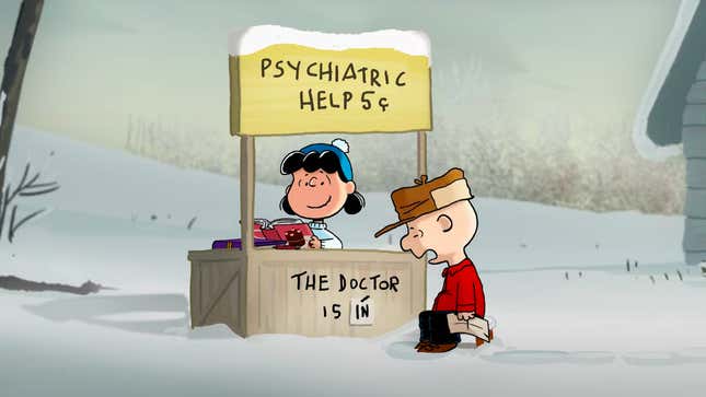 On a snowy day, Charlie Brown once again comes to Lucy for psychiatric help.