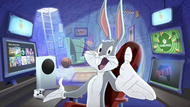 Bugs Bunny posing with Xbox console