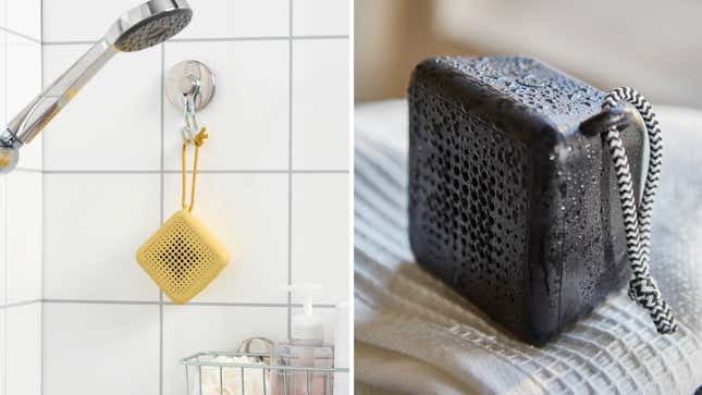 The Ikea Vappeby portable Bluetooth speaker shown hanging in a shower, and on a towel, covered in water.