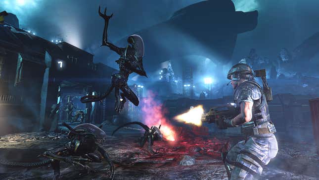 A soldier shoots an alien in the game Aliens: Colonial Marines.