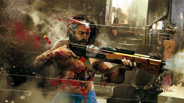 Promotional artwork from Cyberpunk 2077 depicting a humanoid getting their prosthetic skin torn off by a bullet spray.