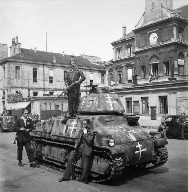A French-made S-35 Somua tank in German Army service recaptured by Free French forces during the liberation of Paris, 1944.