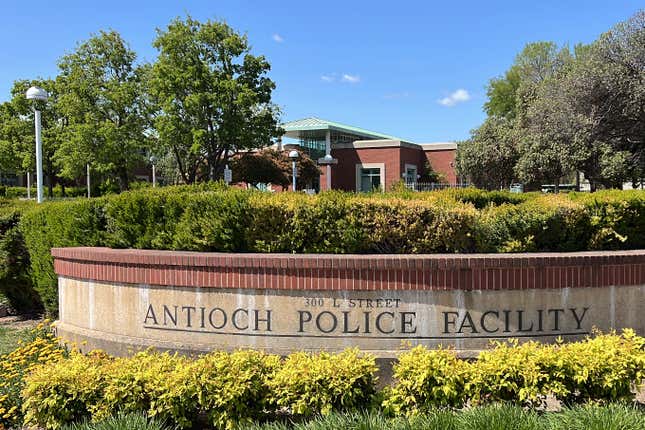 A sign marks the exterior of the Antioch police headquarters in Antioch, Calif., on April 19, 2023.