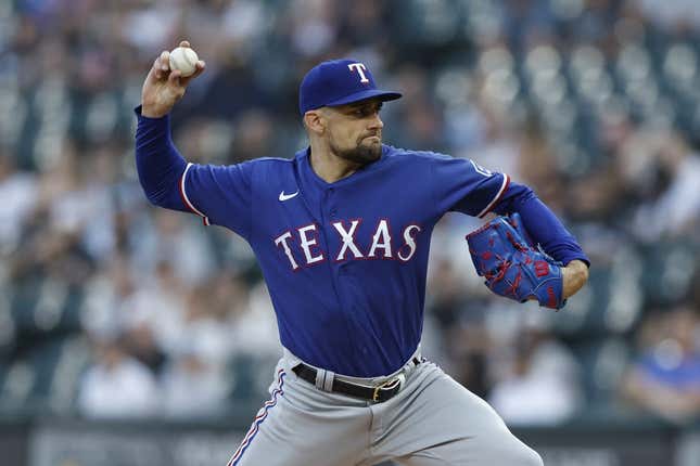 Jun 20, 2023; Chicago, Illinois, USA; Texas Rangers starting pitcher Nathan Eovaldi (17) pitches against the Chicago White Sox during the first inning at Guaranteed Rate Field.