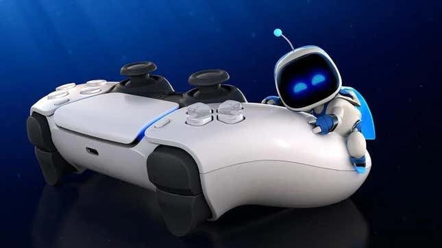Astro Bot hugs a PS5 DualSense. 