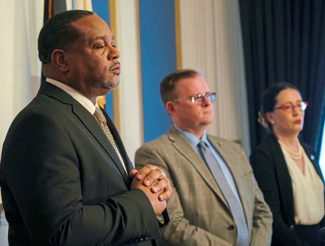 Pittsburgh Mayor Ed Gainey listens to a question during a press conference to discuss the results of an internal investigation into the death of Jim Rogers after being tasered by Pittsburgh police officers last year, on Wednesday, March 23, 2022 at the City-County Building, downtown Pittsburgh.