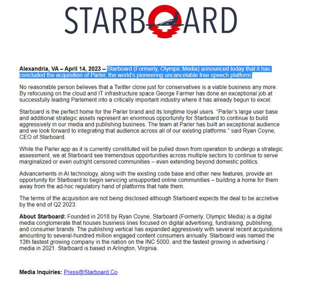 Screenshot of Starboard press release