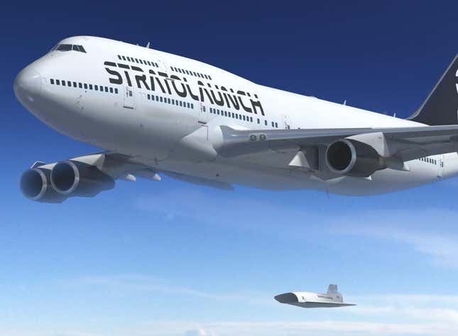 Conceptual image of Stratrolaunch 747 air-launch vehicle deploying a Talon-1 hypersonic vehicle.