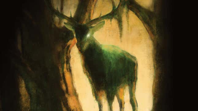 An ominous deer appears in a haunted forest.