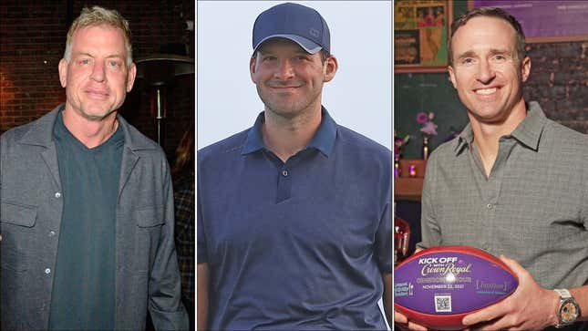 The TV faces of football: Troy Aikman, Tony Romo and Drew Brees.