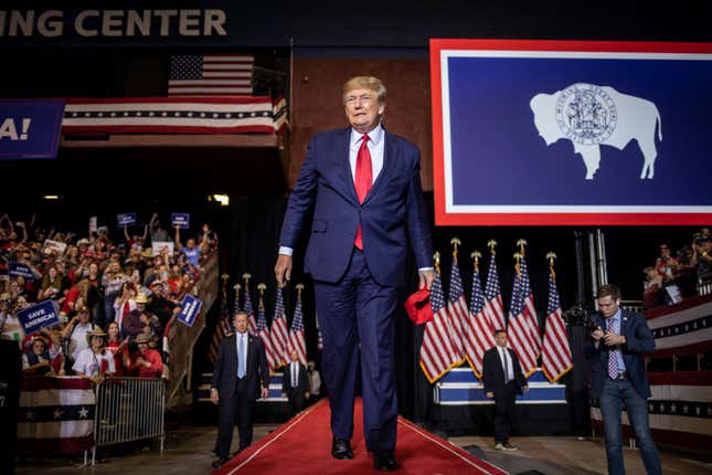 Former President Donald Trump arrives to deliver his speech on May 28, 2022, in Casper, Wyoming. 