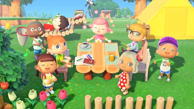 Happy-looking Animal Crossing: New Horizon villagers convene around a picnic table.