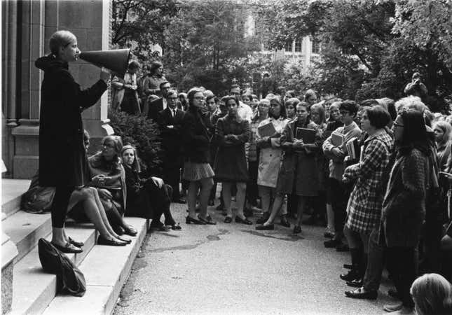 Hillary Rodham (center) attends a student rally at Wellesley College on Oct. 8, 1968.
