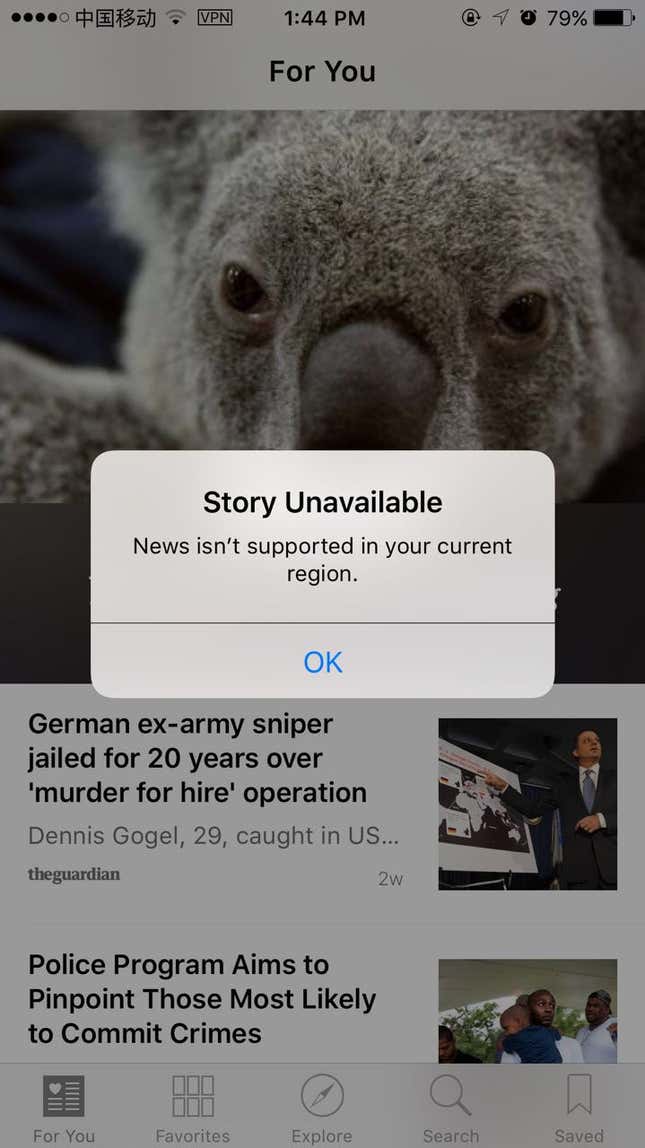 Image for article titled Apple is blocking its news app from everyone in China, even if their iPhone is registered in the US