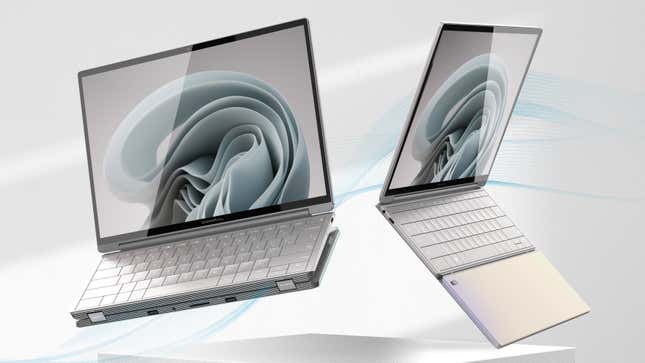 Two rendered images of Compal Electronics Mobile Office concept laptop with the wrist rest shown folded and unfolded.