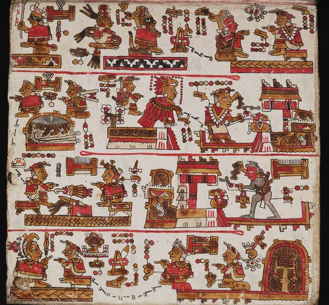 The front of Codex Añute, or Selden, a five-meter-long strip of plaster-covered deer hide that folds like a concertina.