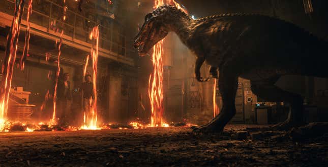 Lava dripping on our heroes as a dino approaches