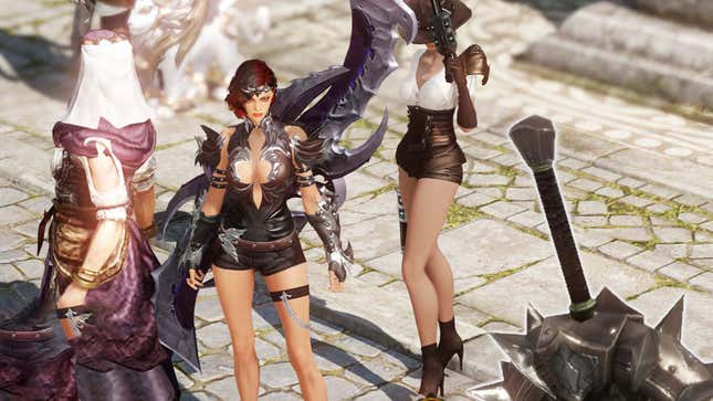 A screenshot of two women in Lost Ark, both wearing shorts and heels. 
