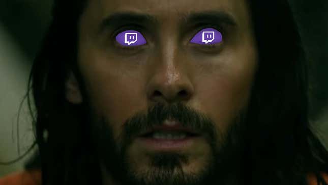A Morbius screenshot showing the vampiric main character Michael Morbius, played by Jared Leto, with the Twitch logo in his eyes.