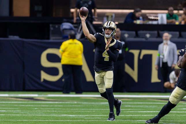 Aug 13, 2023; New Orleans, Louisiana, USA; New Orleans Saints quarterback Derek Carr (4) passes against the Kansas City Chiefs during the first half at the Caesars Superdome.