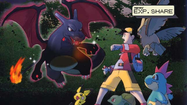 A trainer is seen finding a Shiny Charizard alongside his Pichu, Bulbasaur, Croconaw, and Noctowl.