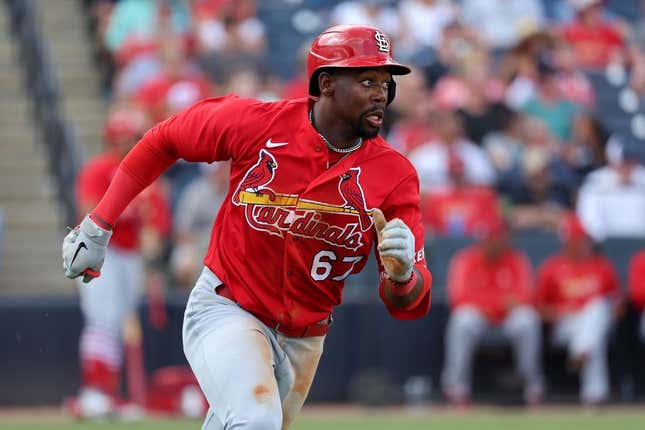 Mar 8, 2023; Tampa, Florida, USA;  St. Louis Cardinals left fielder Jordan Walker (67) hits a RBI single during the fifth inning  against the New York Yankees at George M. Steinbrenner Field.