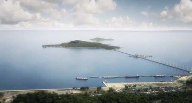 An artist’s rendition of what a dynamic tidal wall off of mainland China may look like.