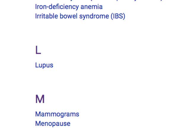 The entry for “L” on the “A-Z Health Topics” page no longer included “Lesbian and bisexual health” as of October 5, 2017.