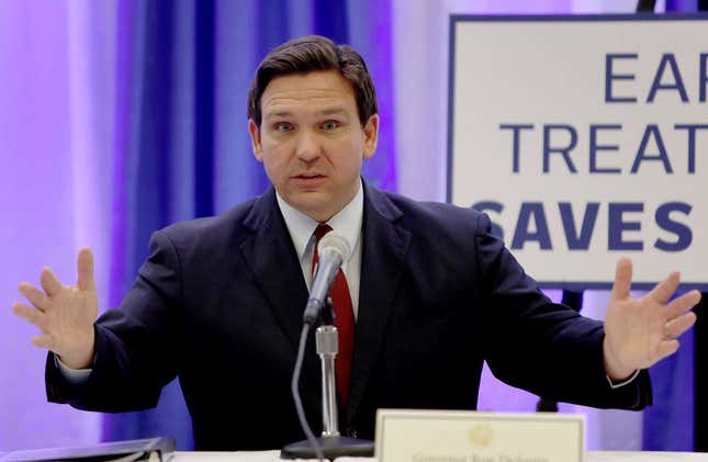 Florida Gov. Ron DeSantis holds a press conference at the Miami Dade College’s North Campus on January 26, 2022, in Miami, Florida.