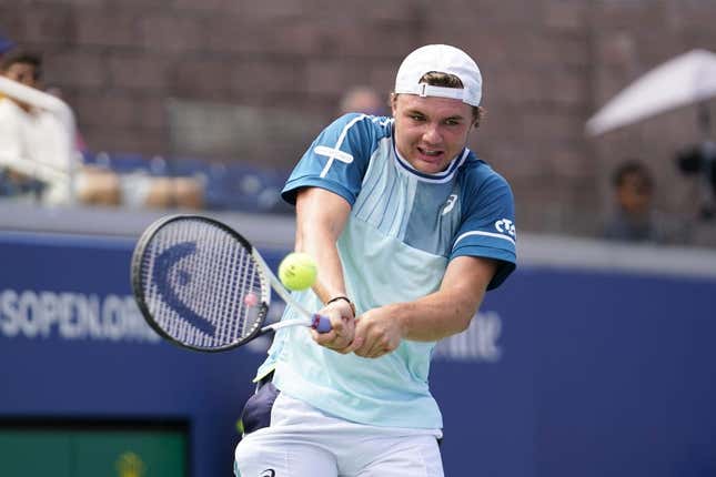 Aug 30, 2023; Flushing, NY, USA; Dominic Stricker of Switzerland hits to Stefanos Tsitsipas of Greece on day three of the 2023 U.S. Open tennis tournament at USTA Billie Jean King National Tennis Center.