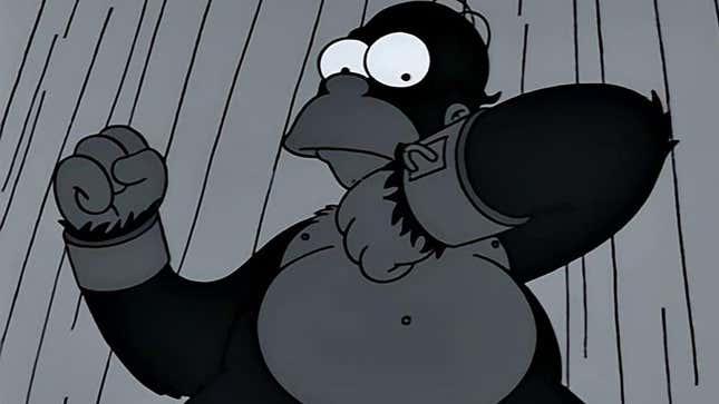 A screenshot from The Simpsons shows Homer arsenic a large ape. 