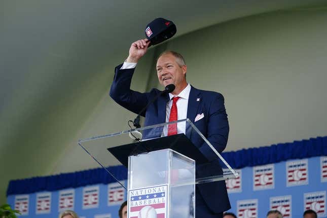 Jul 23, 2023; Cooperstown, NY, USA; Hall of Fame Inductee Scott Rolen makes his acceptance speech during the National Baseball Hall of Fame Induction Ceremony.