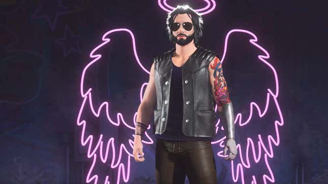 A custom character from Boss Factory that looks like Keanu Reeves from Cyberpunk 2077. 