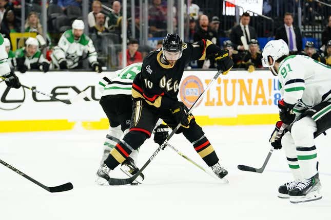 Jan 16, 2023; Las Vegas, Nevada, USA; Vegas Golden Knights center Nicolas Roy (10) skates with the puck against the Dallas Stars during the third period at T-Mobile Arena.