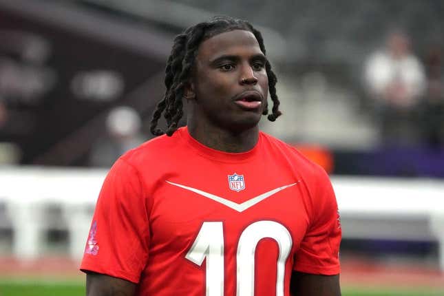 Feb 4, 2023; Paradise, NV, USA; AFC receiver Tyreek Hill of the Miami Dolphins (10) during Pro Bowl Games practice at Allegiant Stadium.