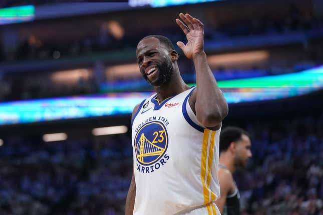 Apr 15, 2023; Sacramento, California, USA; Golden State Warriors forward Draymond Green (23) reacts to a foul call against the Warriors during action against the Sacramento Kings in the first quarter during game one of the 2023 NBA playoffs at the Golden 1 Center.