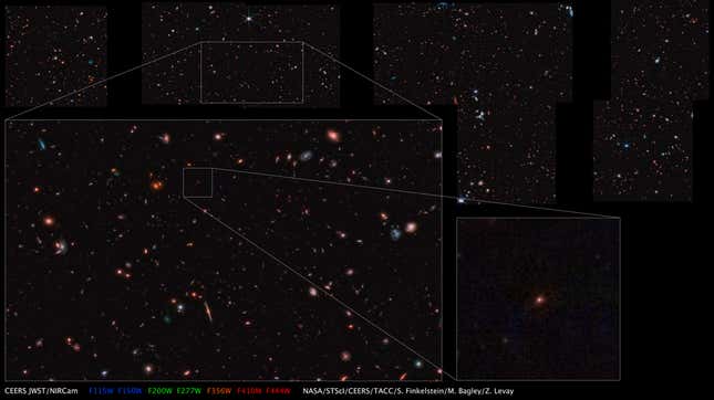 La galaxia antigua, denominada “Galaxia de Maisie”, junto con las otras imágenes tomadas por el NIRCam.