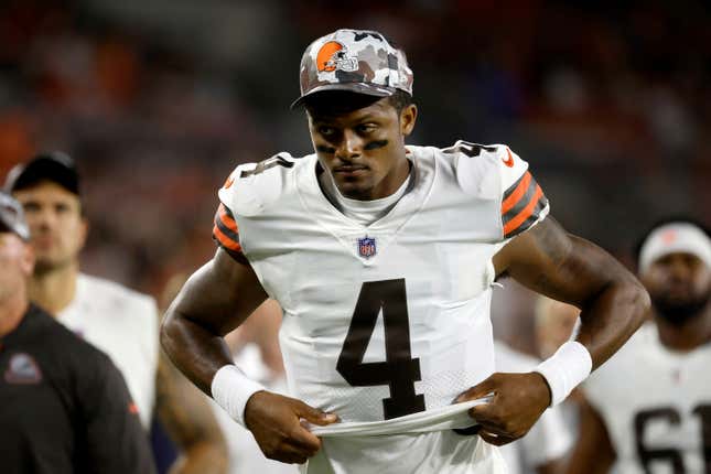 Cleveland Browns quarterback Deshaun Watson (4) walks off of the field during an NFL preseason football game against the Chicago Bears, Saturday Aug. 27, 2022, in Cleveland.