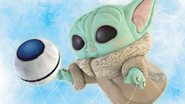A mock-up of the Baby Yoda balloon, reaching for his toy, which will be featured in the 2021 Macy's Thanksgiving Day Parade. 