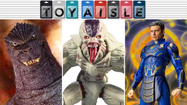 io9's Toy Aisle banner sits on top of three images: Mezco's Ultimate Godzilla, McFarlane Toys' Warhammer 40,000 Tyranid Genestealer, and Bandai's S.H. Figuarts Eternals Ikaris.