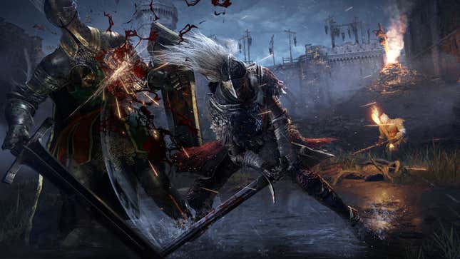 An image from Elden Ring depicting the Tarnished player character slashing some knight in the dark of night.