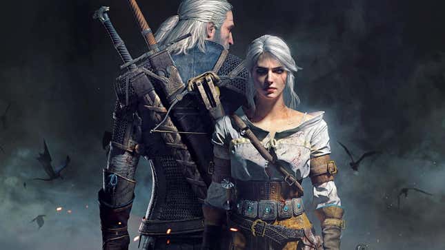 Art for The Witcher 3 shows Ciri standing in front of surrogate father figure Geralt of Rivia. 
